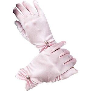 Women's Pink Satin Pearl Wedding Dress Opera Party Wrist Gloves Short Length